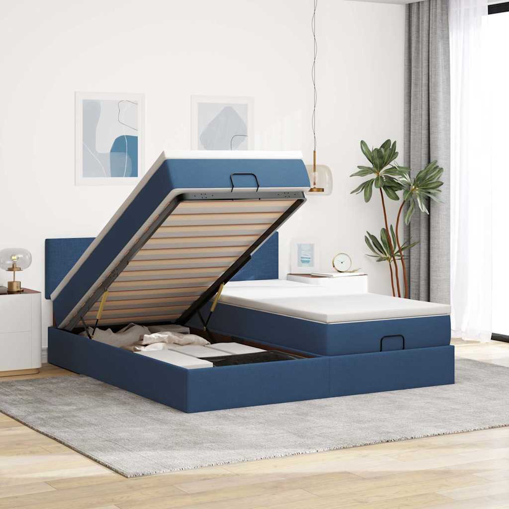 Struttura Letto Pouf con Materassi Blu 200x200 cm in Tessuto