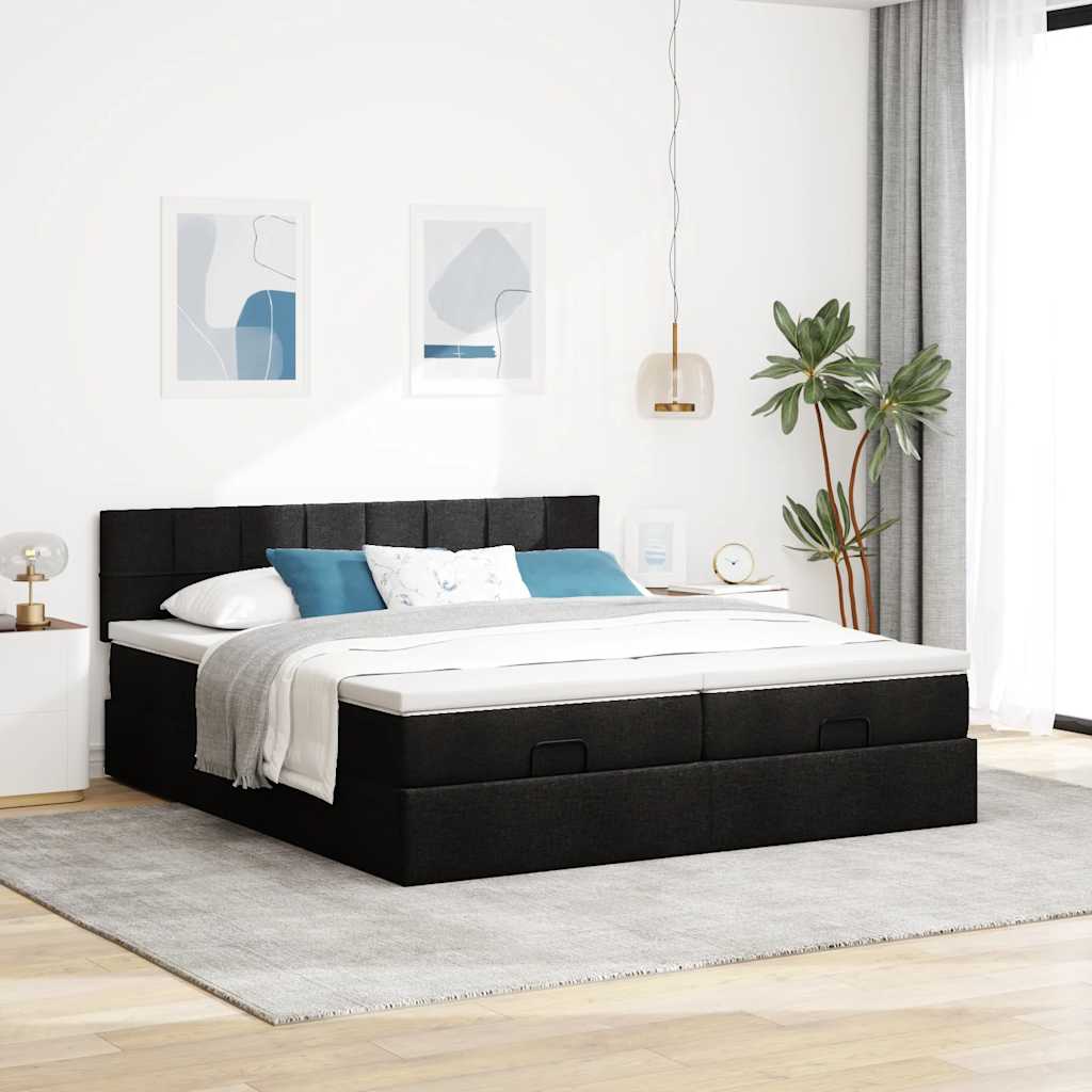 Struttura Letto Pouf con Materassi Nero 200x200 cm in Tessuto