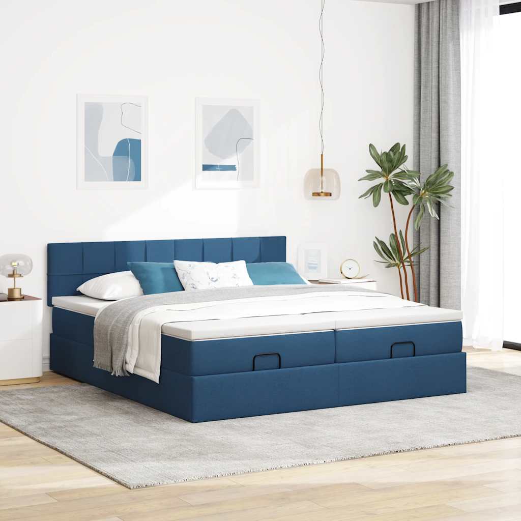 Struttura Letto Pouf con Materassi Blu 200x200 cm in Tessuto