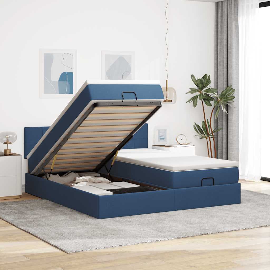 Struttura Letto Pouf con Materassi Blu 200x200 cm in Tessuto