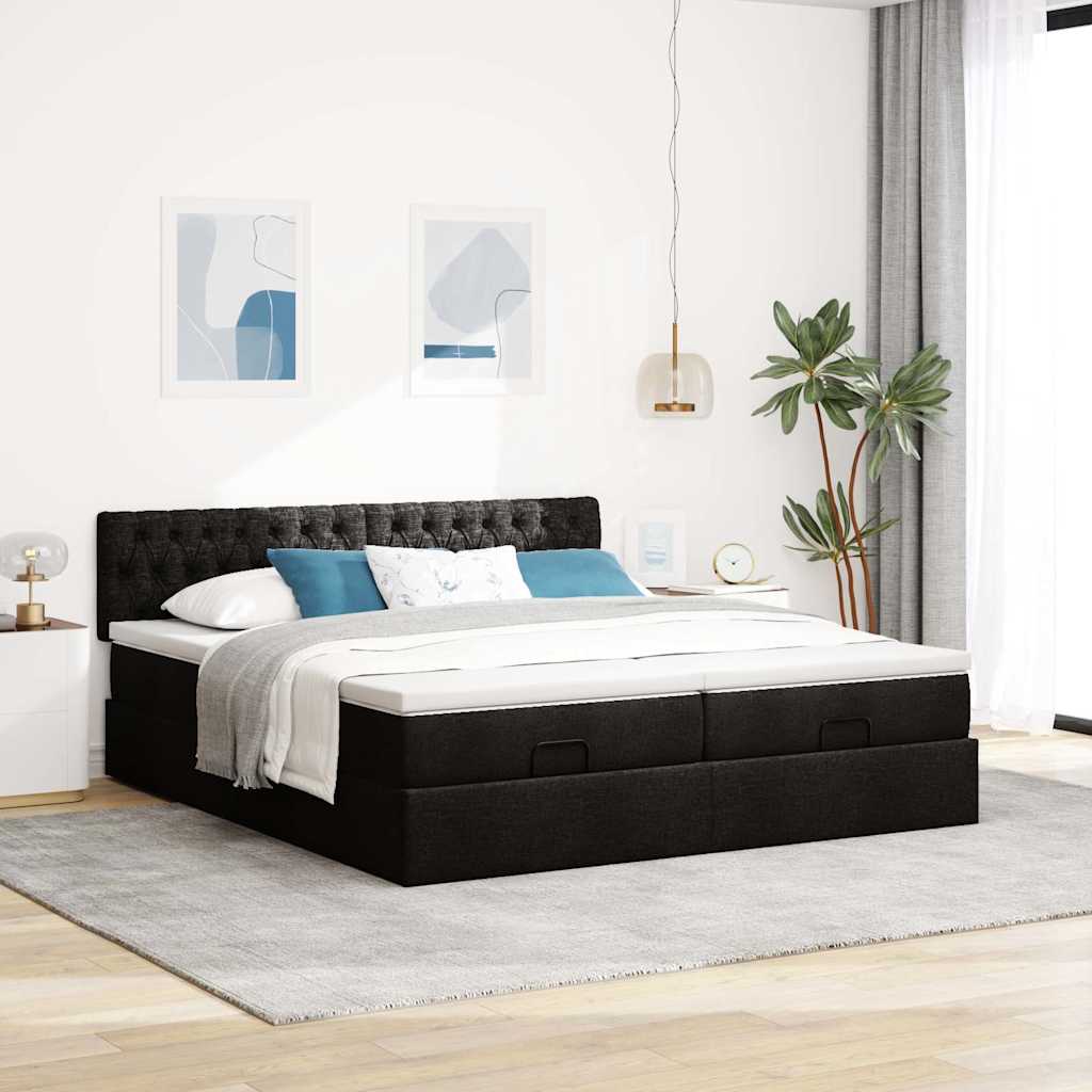 Struttura Letto Pouf con Materassi Nero 200x200 cm in Tessuto