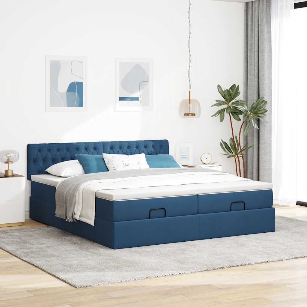 Struttura Letto Pouf con Materassi Blu 200x200 cm in Tessuto