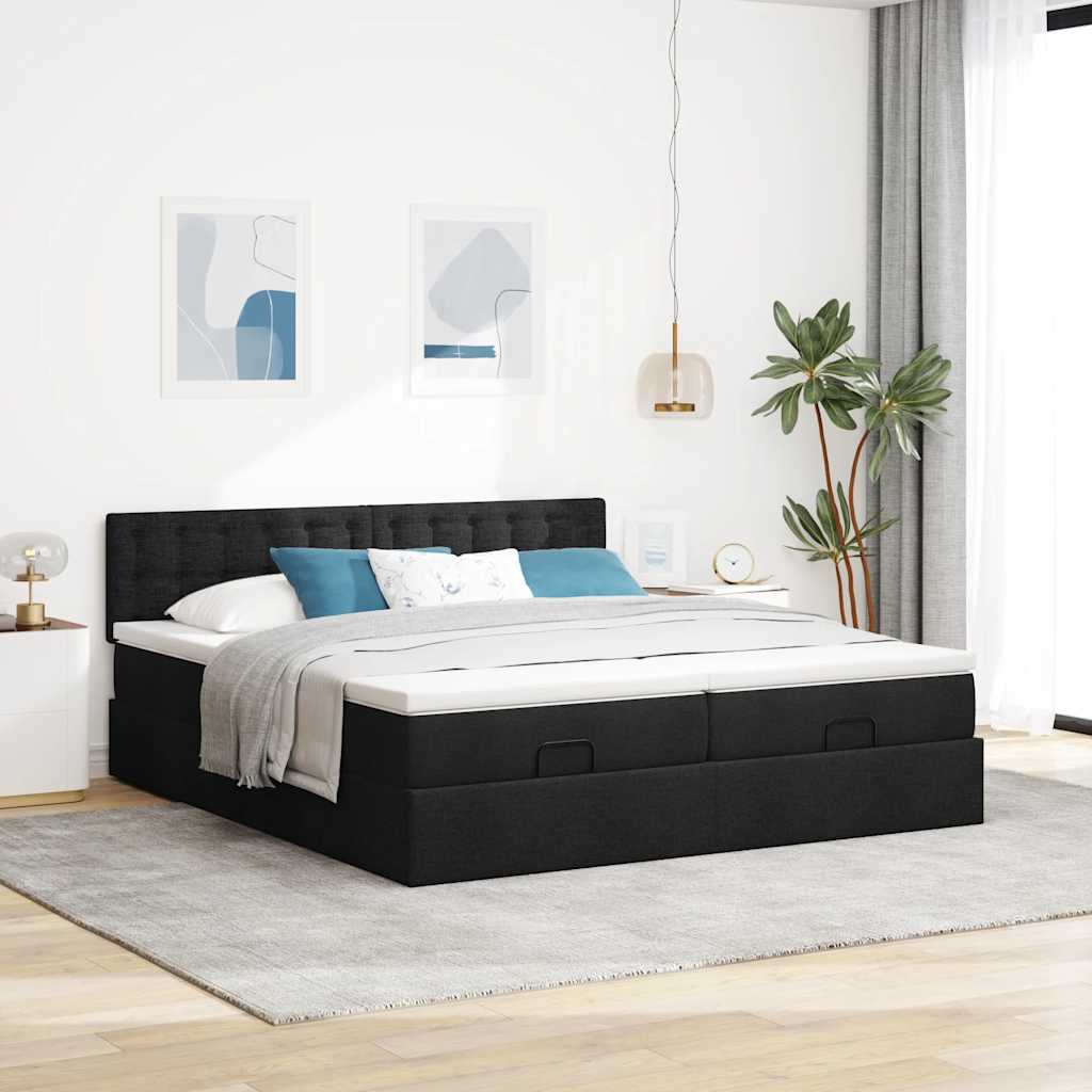 Struttura Letto Pouf con Materassi Nero 180x200 cm in Tessuto
