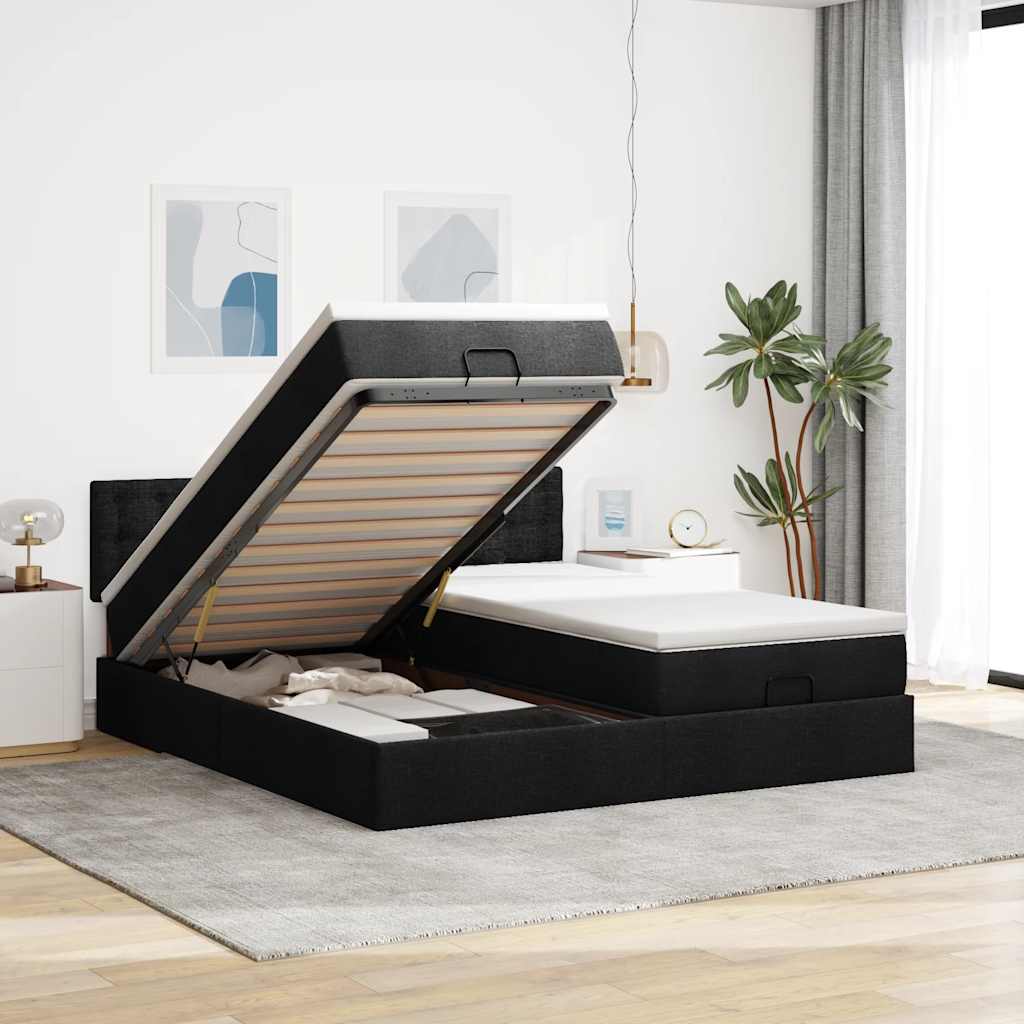 Struttura Letto Pouf con Materassi Nero 200x200 cm in Tessuto