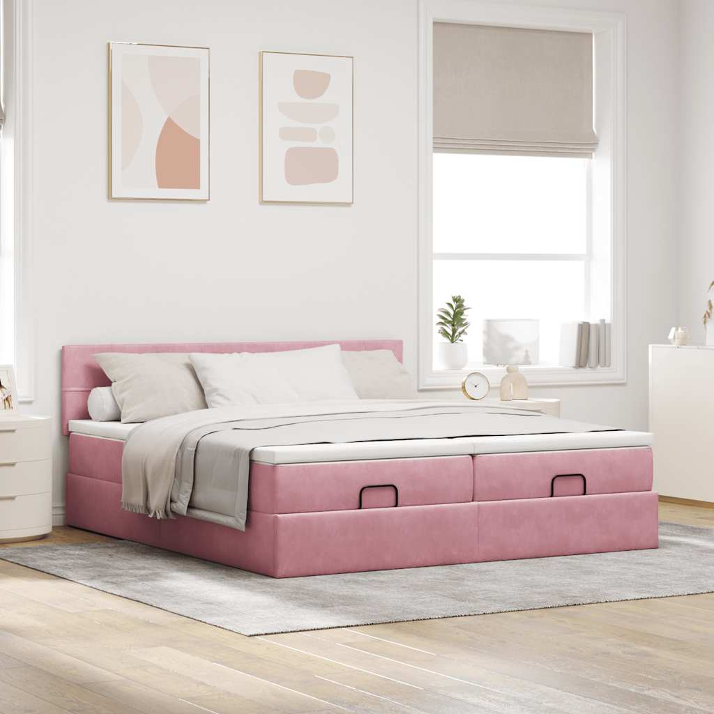 Struttura Letto Pouf con Materassi Rosa 180x200 cm Velluto