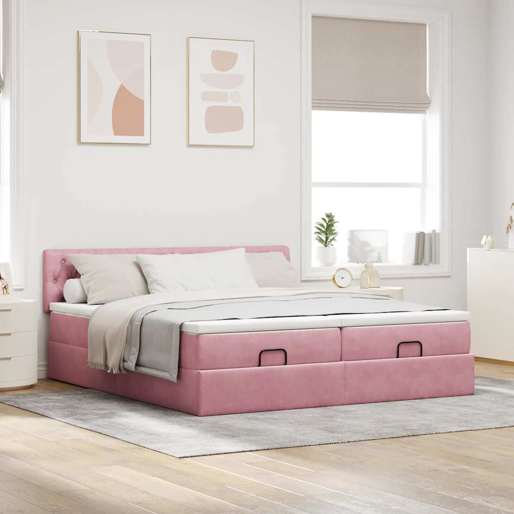 Struttura Letto Pouf con Materassi Rosa 180x200 cm Velluto