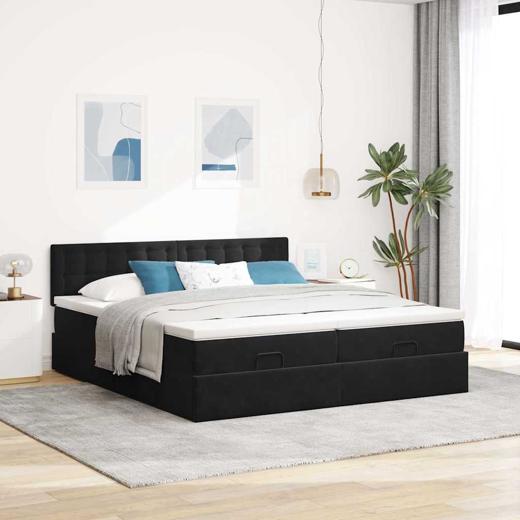 Struttura Letto Pouf con Materassi Nero 160x200 cm in Velluto