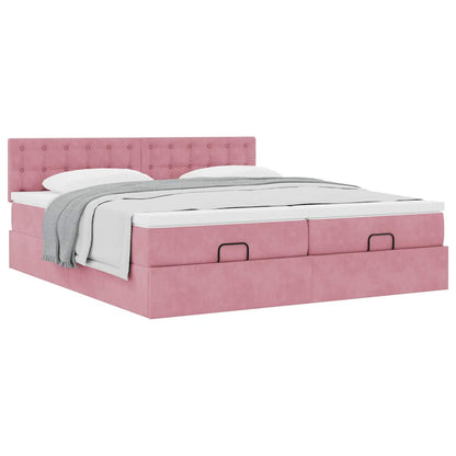 Struttura Letto Pouf con Materassi Rosa 160x200 cm Velluto