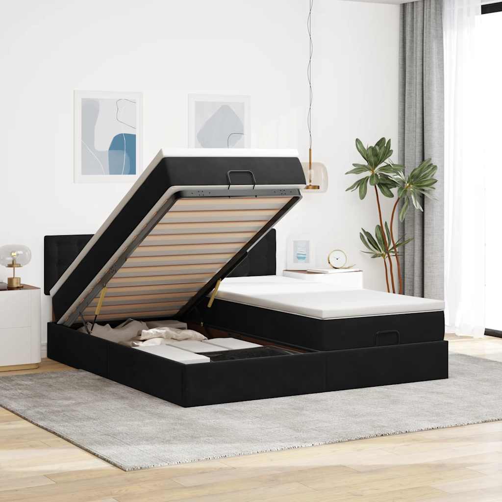 Struttura Letto Pouf con Materassi Nero 180x200 cm in Velluto