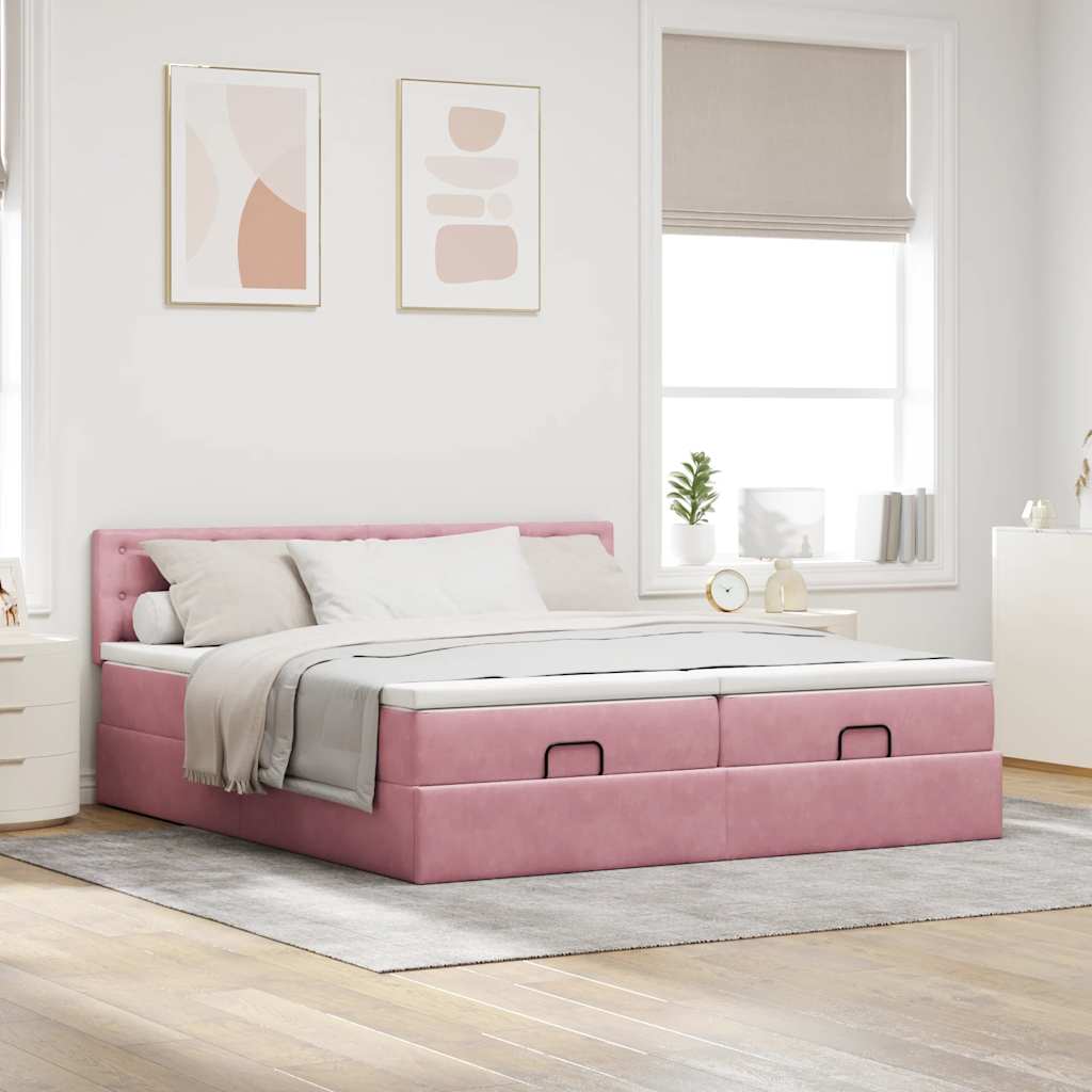 Struttura Letto Pouf con Materassi Rosa 180x200 cm Velluto