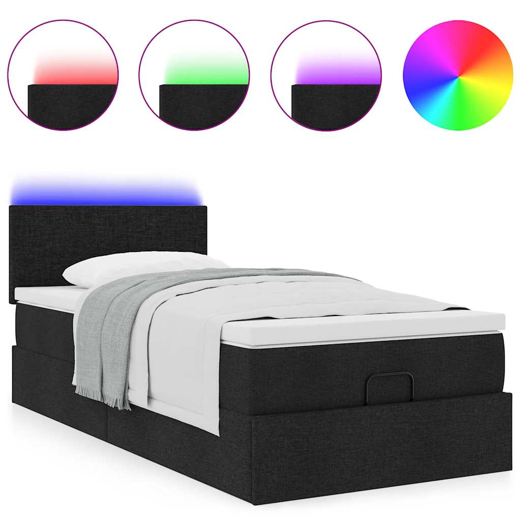 Pouf Letto con Materasso e LED Nero 80x200cm in Tessuto