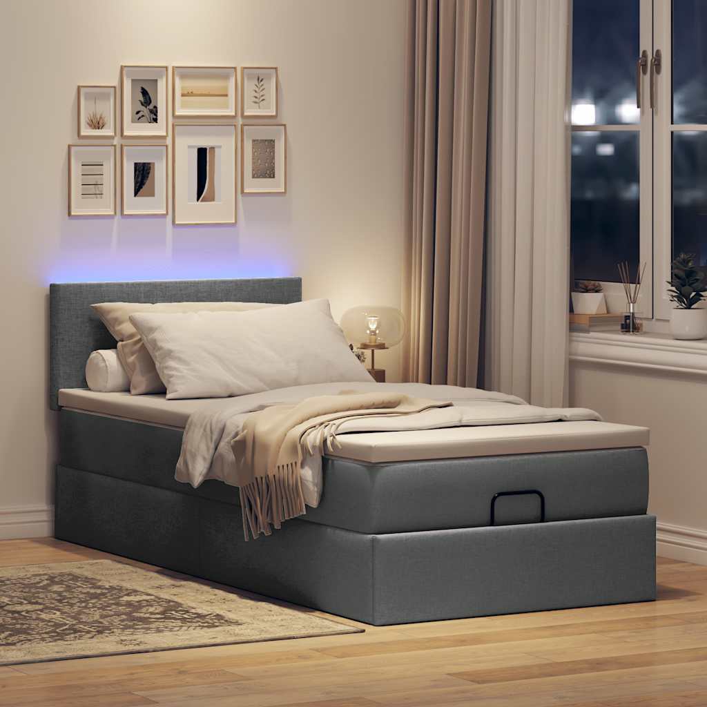 Pouf Letto con Materasso e LED Grigio Scuro 90x200 cm Tessuto