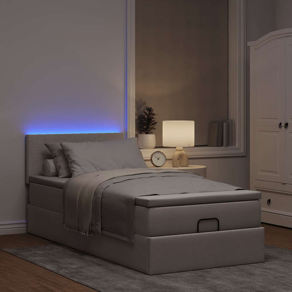 Pouf Letto con Materasso e LED Tortora 90x200 cm in Tessuto