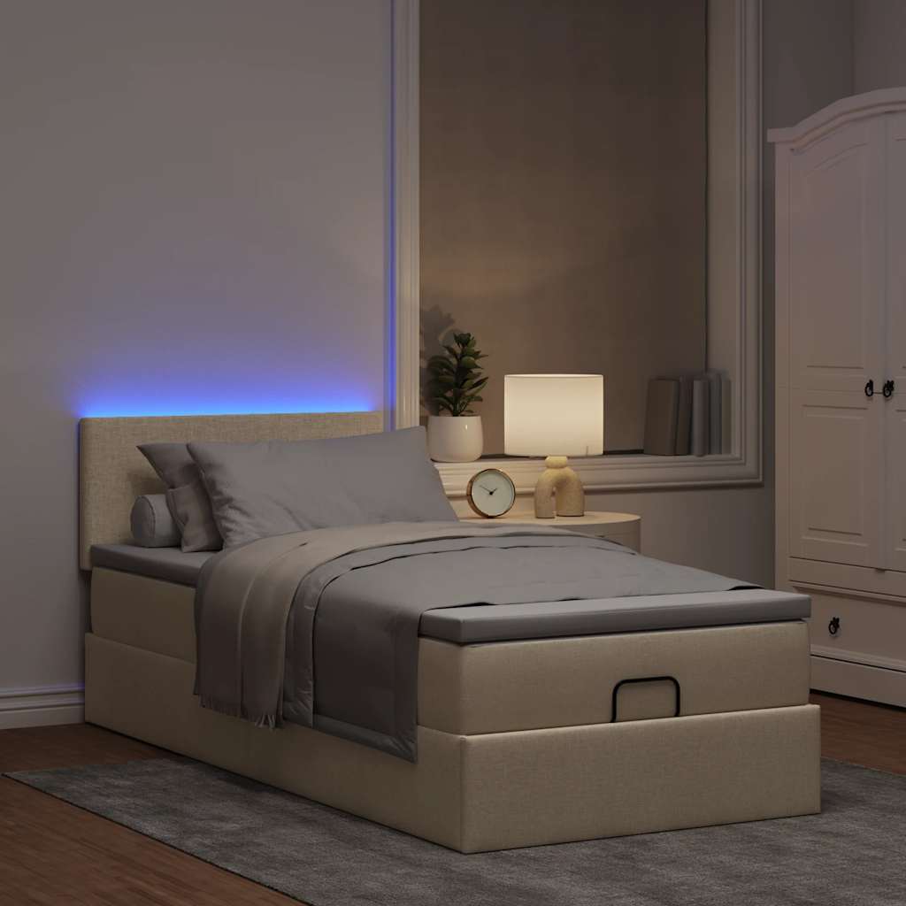 Pouf Letto con Materasso e LED Crema 90x200 cm in Tessuto