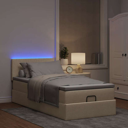 Pouf Letto con Materasso e LED Crema 90x200 cm in Tessuto