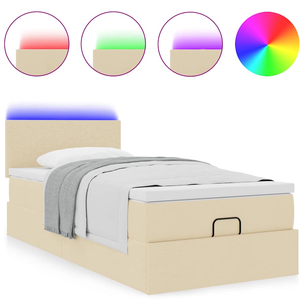 Pouf Letto con Materasso e LED Crema 90x200 cm in Tessuto