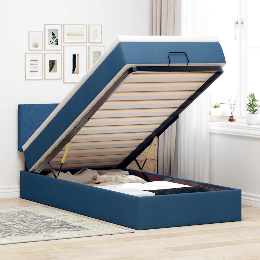 Pouf Letto con Materasso e LED Blu 90x200 cm in Tessuto