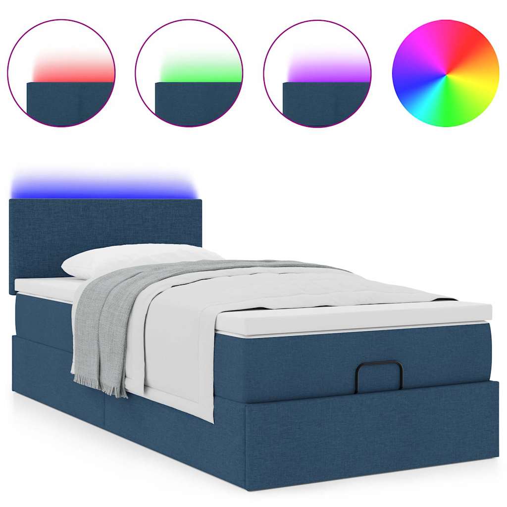 Pouf Letto con Materasso e LED Blu 100x200 cm in Tessuto