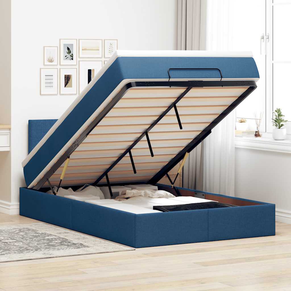 Pouf Letto con Materasso e LED Blu 120x190cm in Tessuto