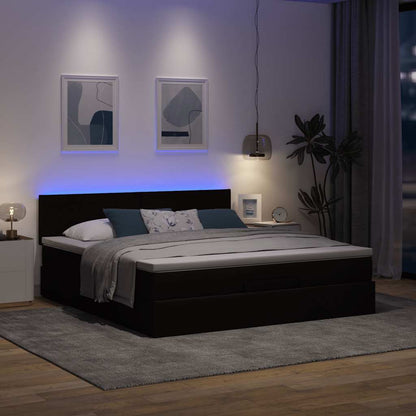 Pouf Letto con Materasso e LED Marrone Scuro 180x200cm Tessuto