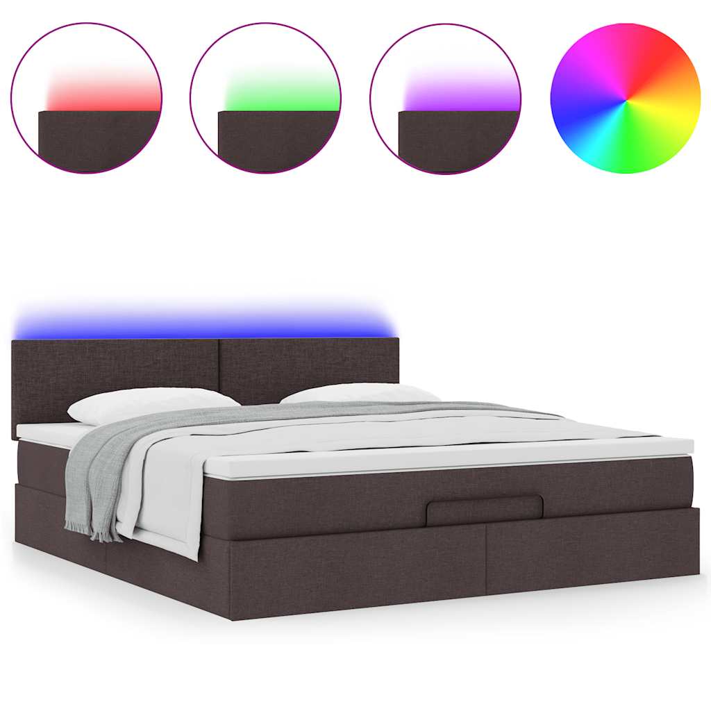Pouf Letto con Materasso e LED Marrone Scuro 180x200cm Tessuto