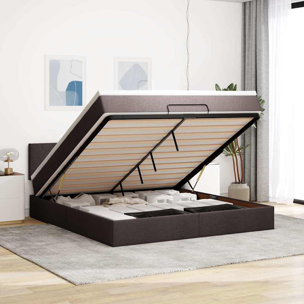 Pouf Letto con Materasso e LED Marrone Scuro 180x200cm Tessuto