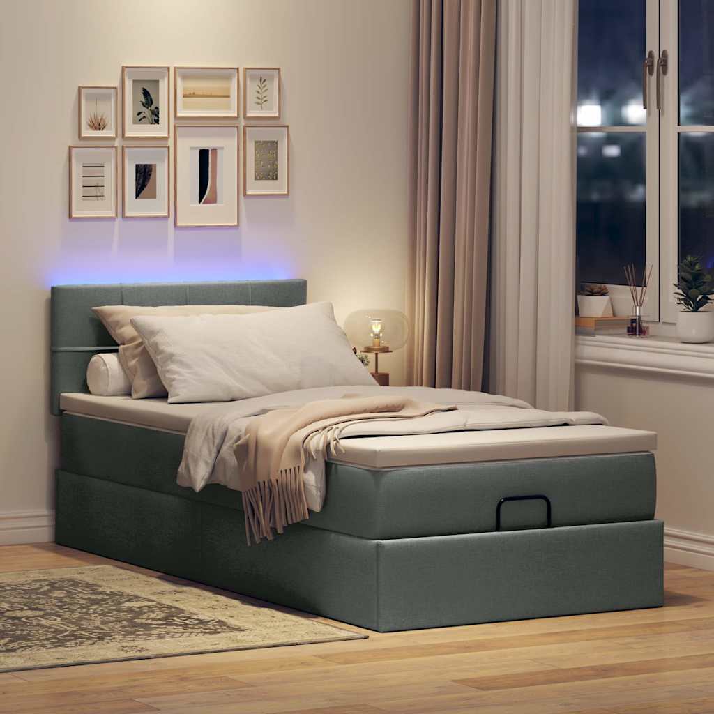 Pouf Letto con Materasso e LED Grigio Scuro 80x200cm in Tessuto