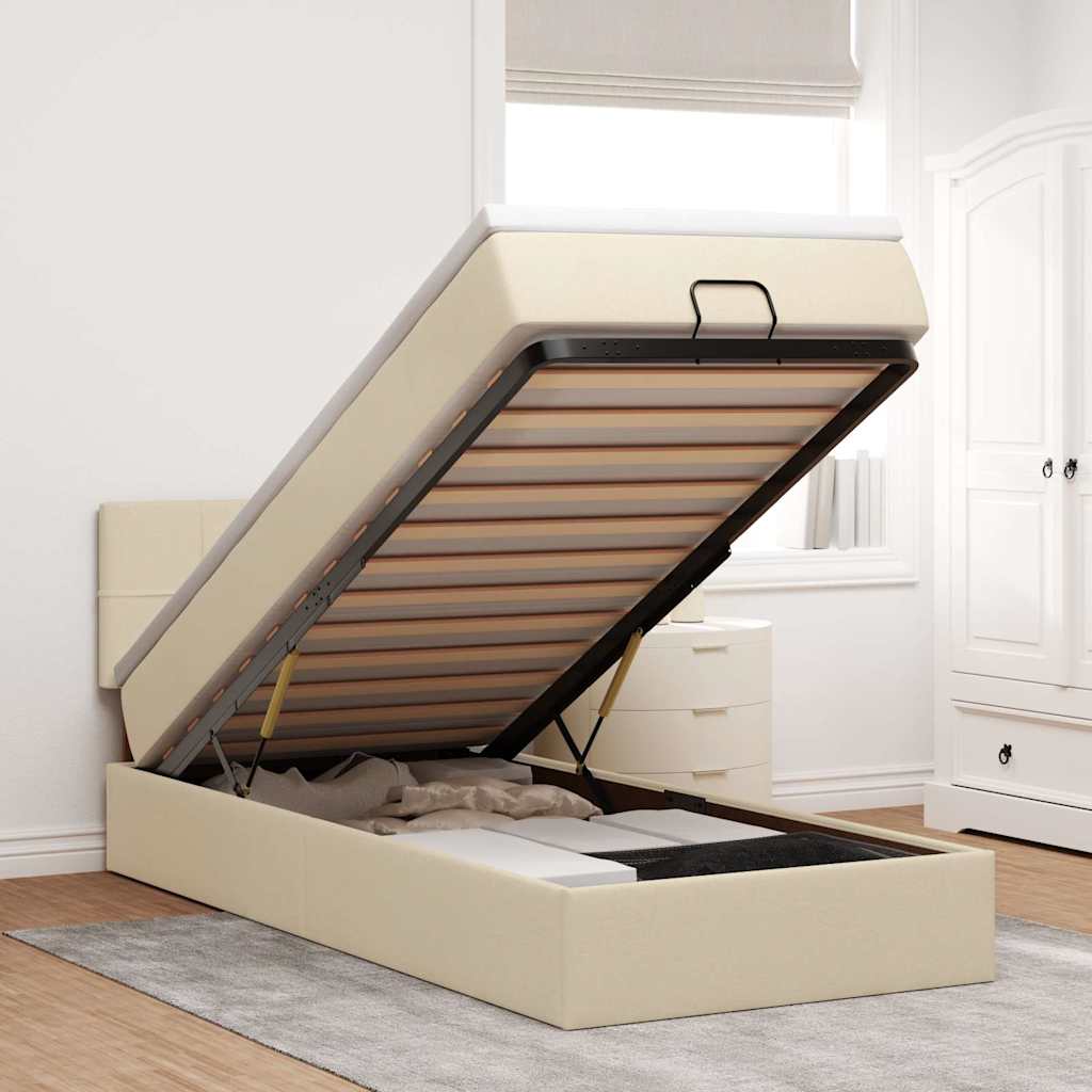 Struttura Letto Pouf con Materasso Crema 90x190 cm in Tessuto