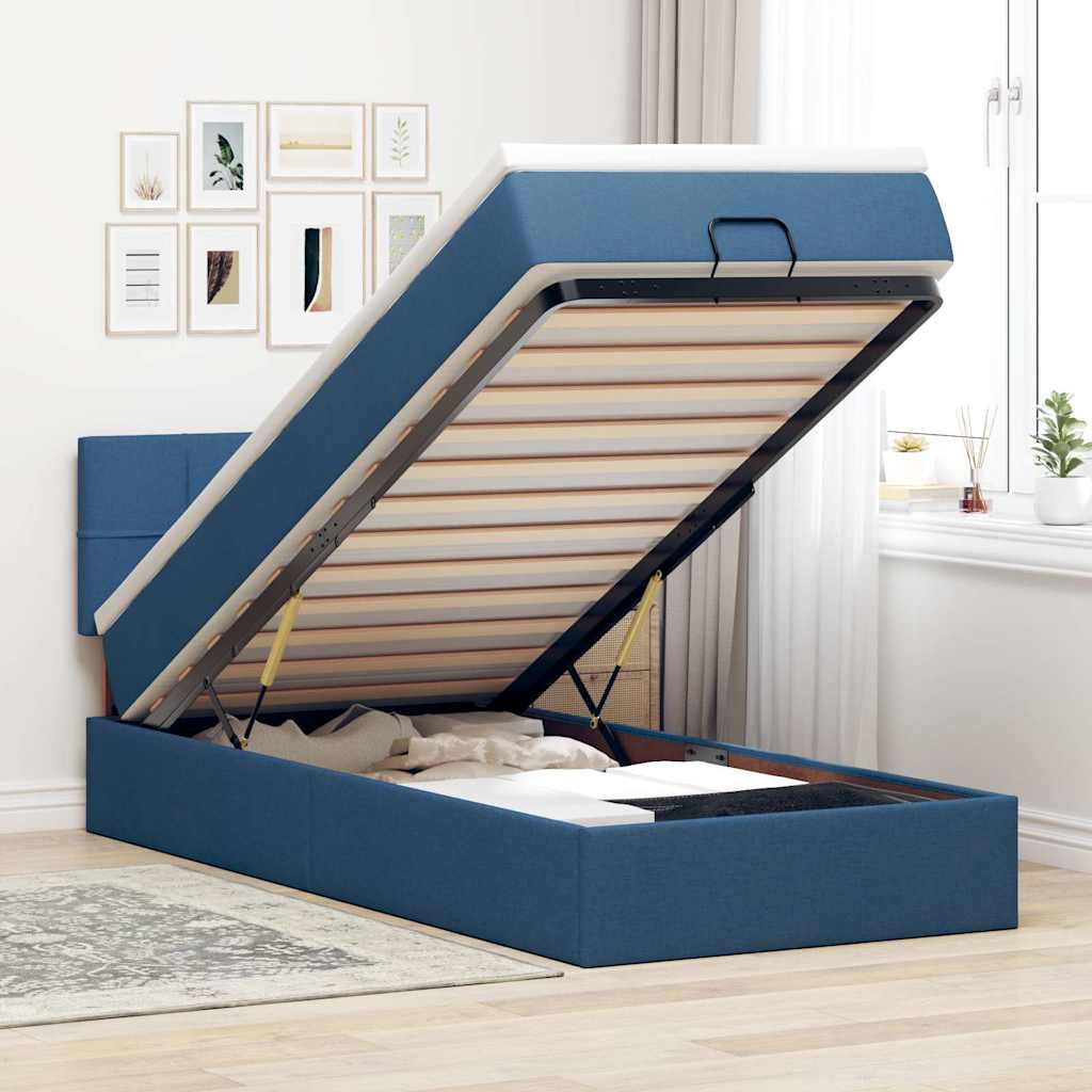 Struttura Letto Pouf con Materasso Blu 90x190 cm in Tessuto