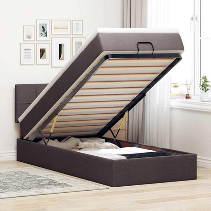 Pouf Letto con Materasso e LED Marrone Scuro 90x200 cm Tessuto