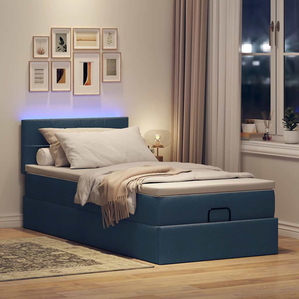 Pouf Letto con Materasso e LED Blu 90x200 cm in Tessuto