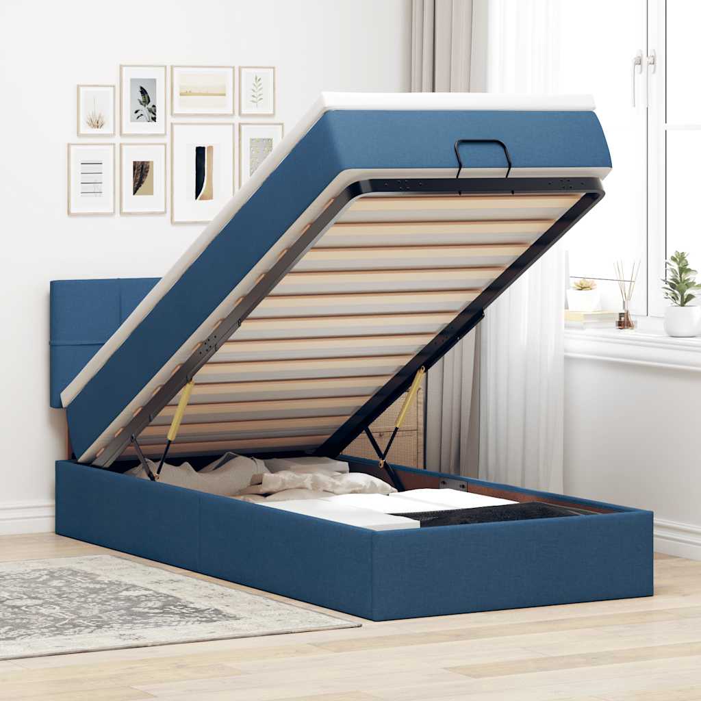 Pouf Letto con Materasso e LED Blu 90x200 cm in Tessuto