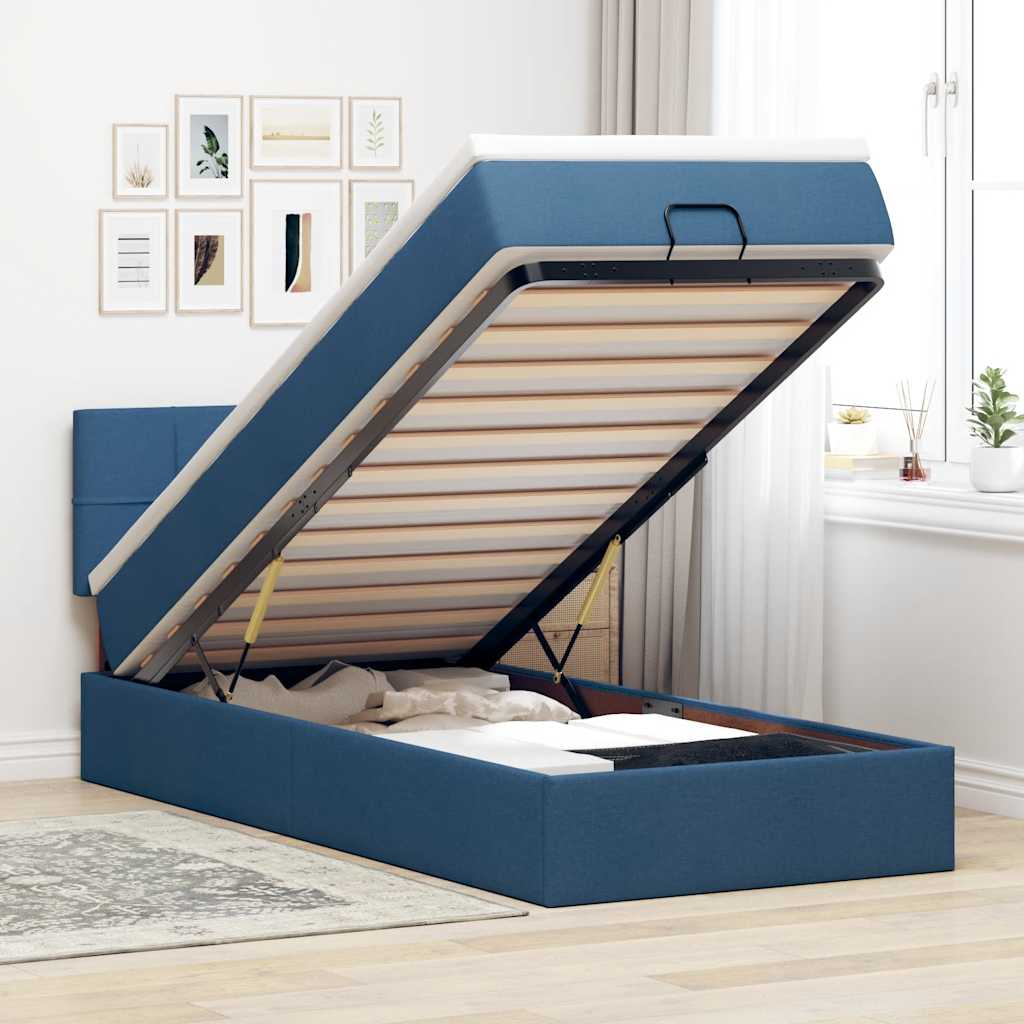 Pouf Letto con Materasso e LED Blu 100x200 cm in Tessuto