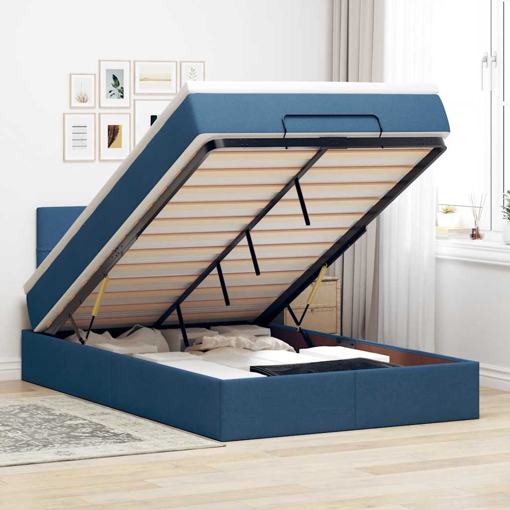 Pouf Letto con Materasso e LED Blu 120x190cm in Tessuto