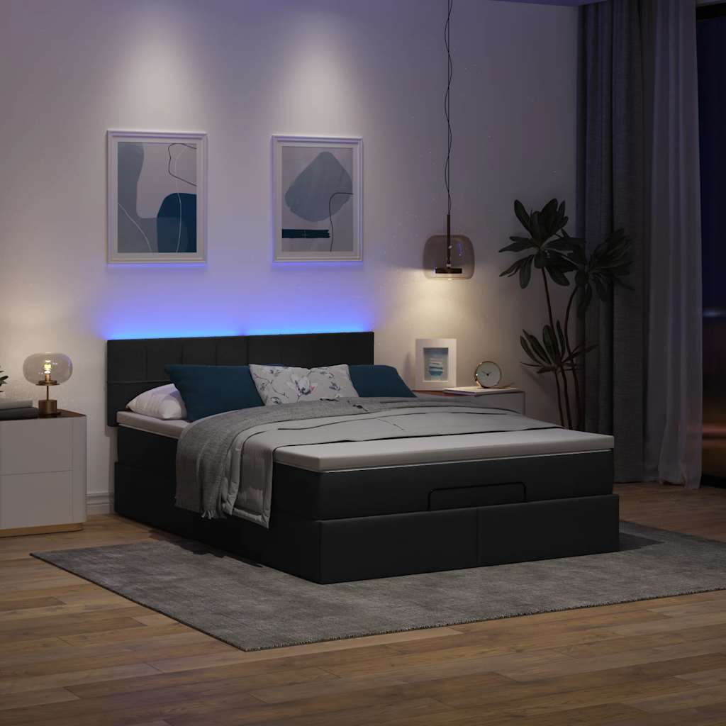 Pouf Letto con Materasso e LED Nero 140x200 cm in Tessuto
