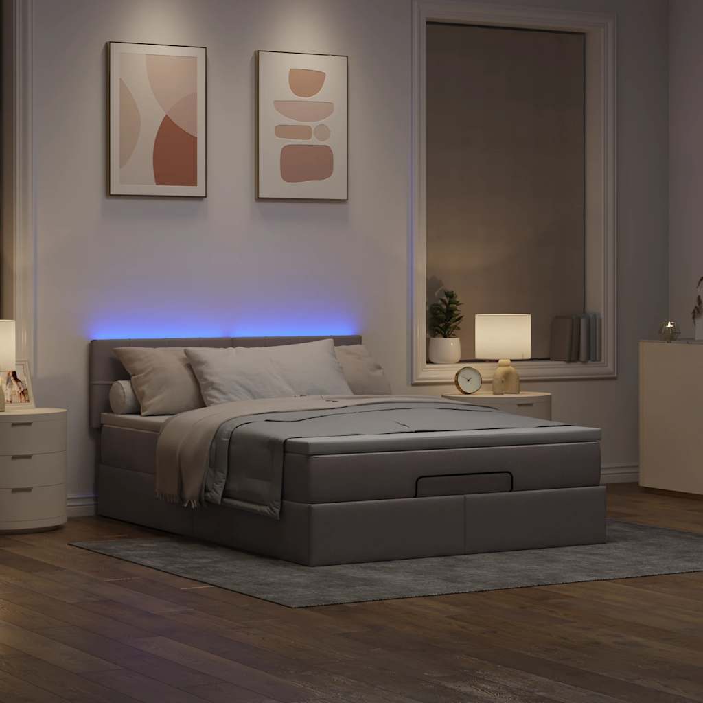 Pouf Letto con Materasso e LED Tortora 140x200 cm in Tessuto