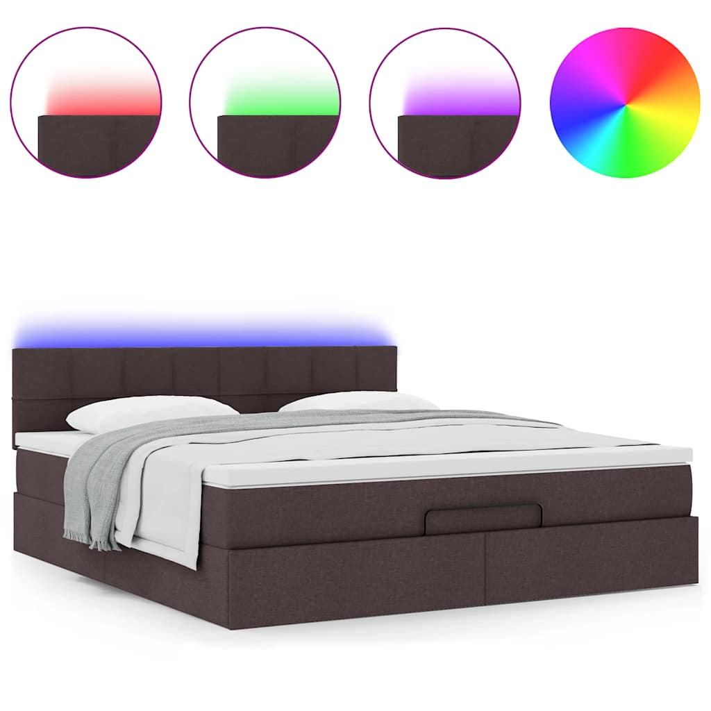 Pouf Letto con Materasso e LED Marrone Scuro 180x200cm Tessuto