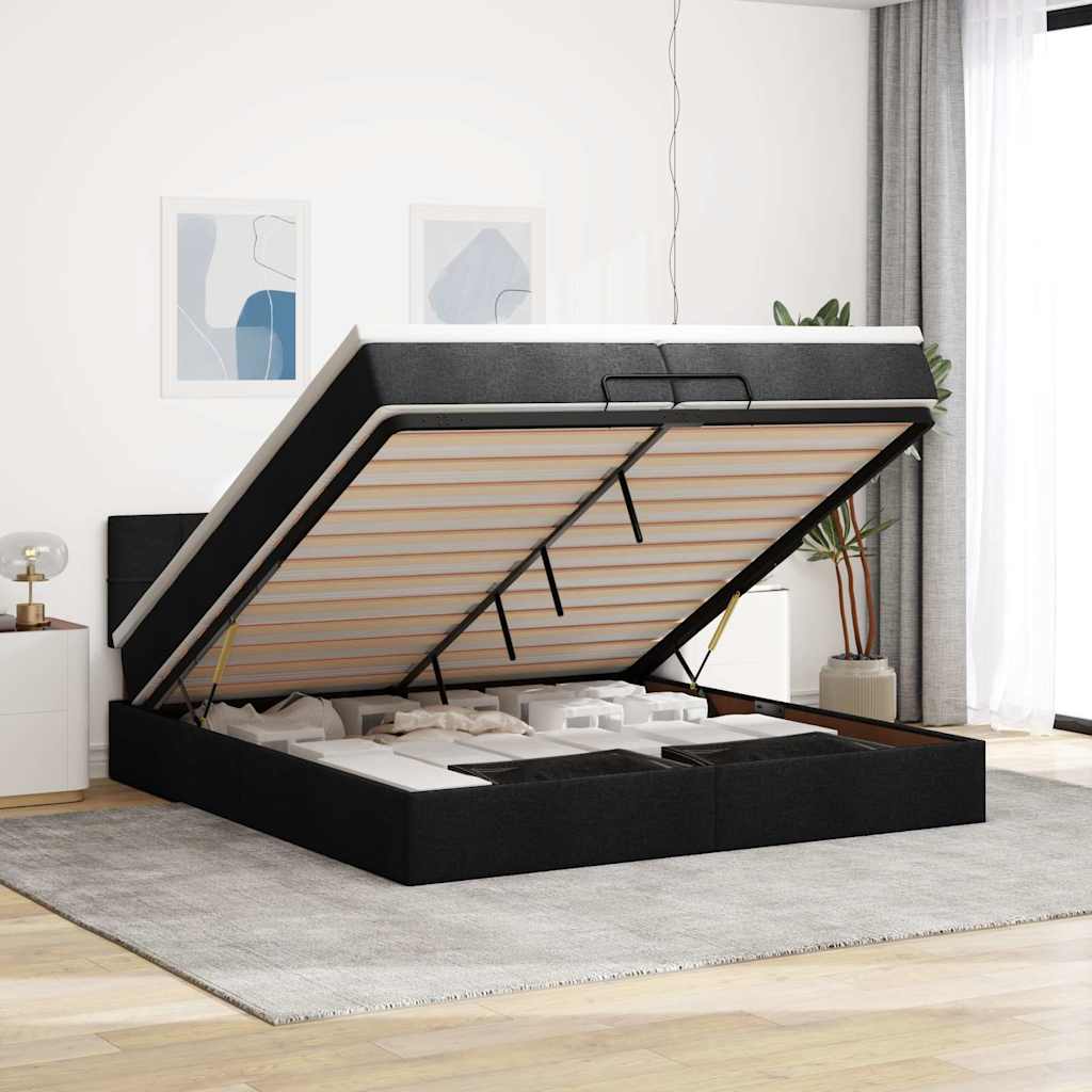 Struttura Letto Pouf con Materassi Nero 200x200 cm in Tessuto