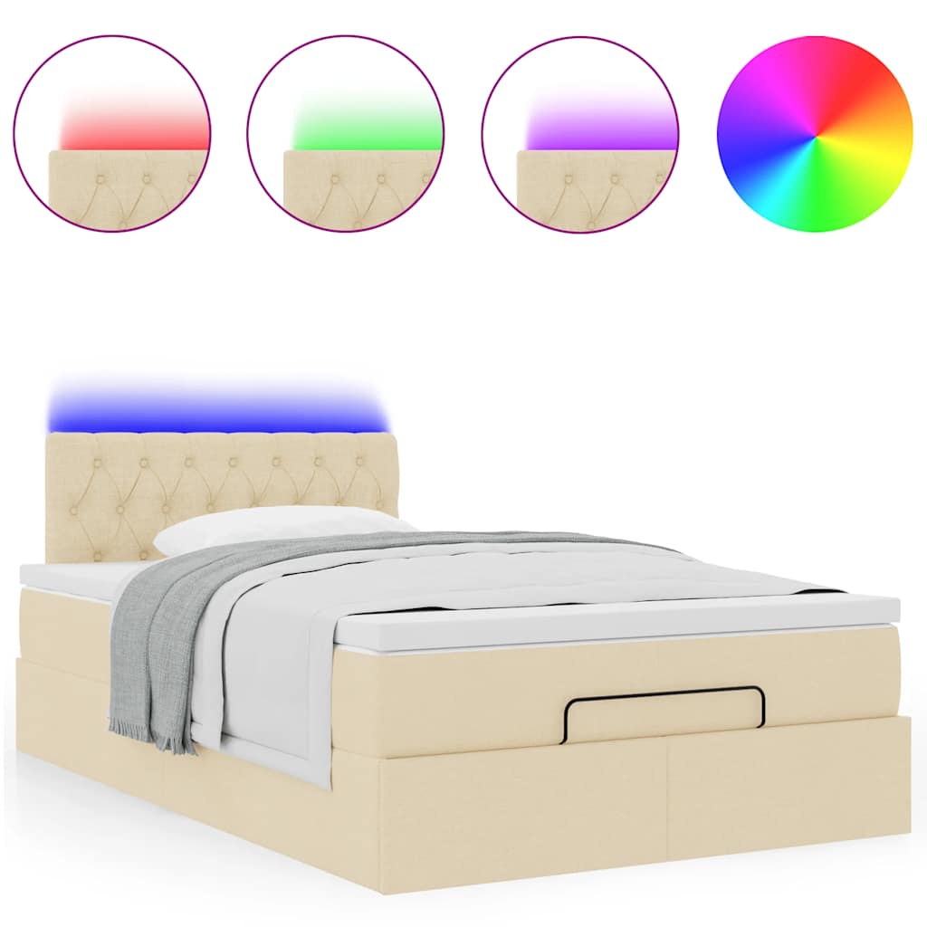 Pouf Letto con Materasso e LED Crema 120x190cm in Tessuto
