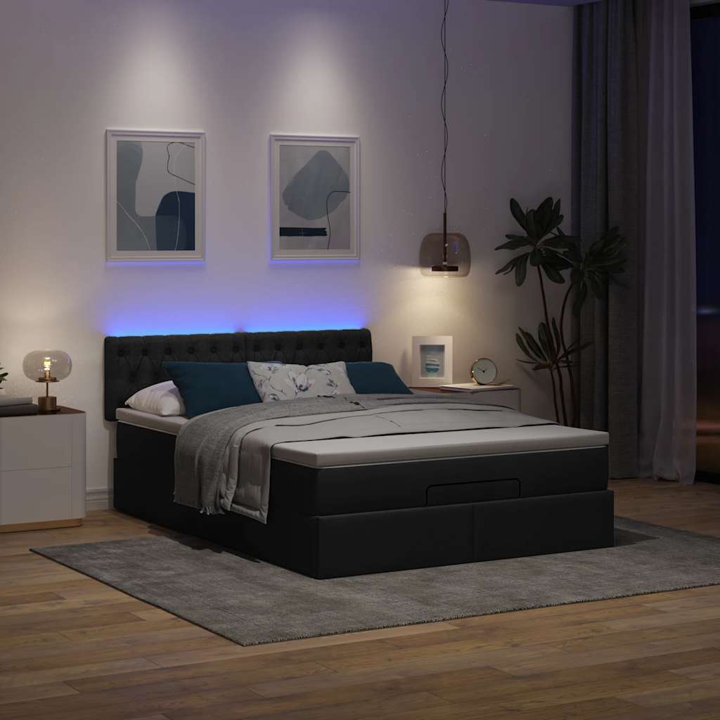 Pouf Letto con Materasso e LED Nero 140x190 cm