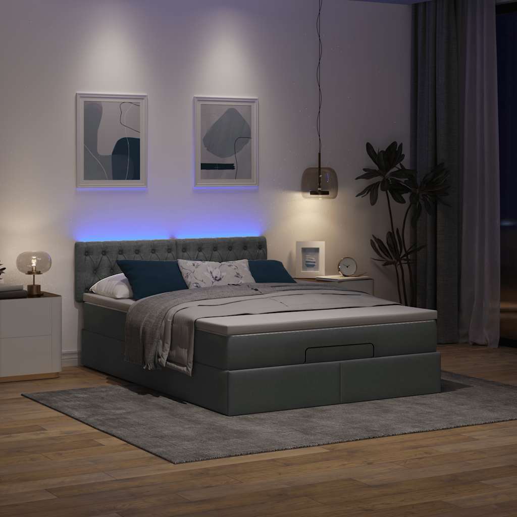 Pouf Letto con Materasso e LED Grigio Scuro 140x200 cm
