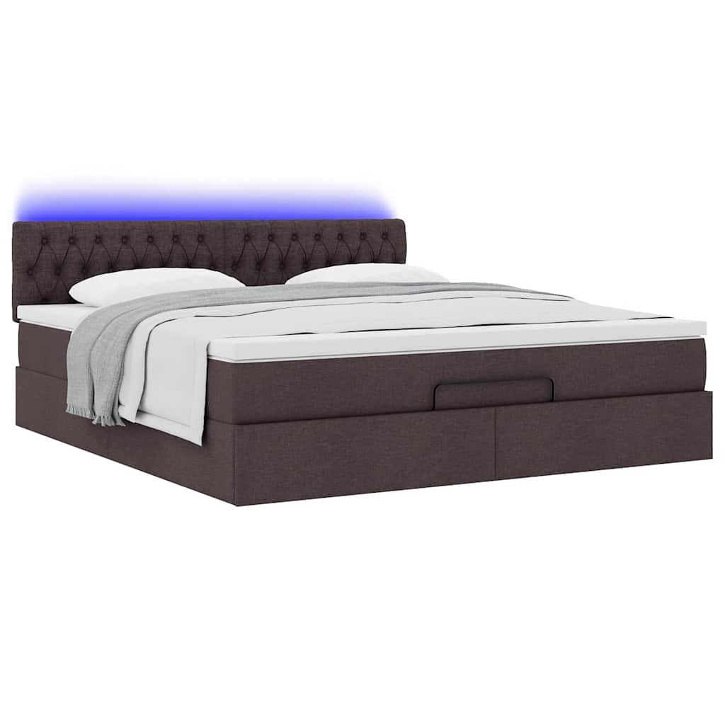 Pouf Letto con Materasso e LED Marrone Scuro 180x200cm Tessuto