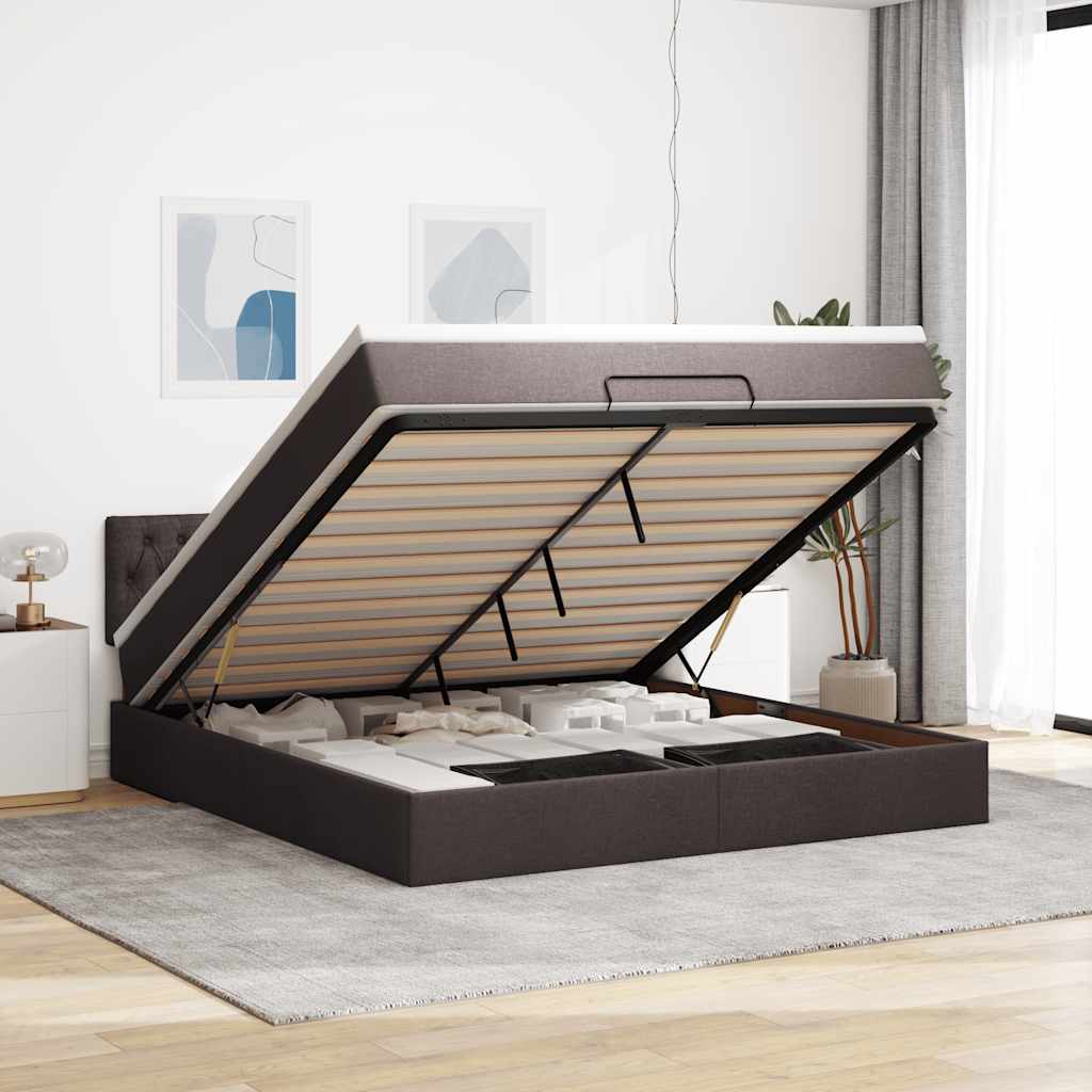 Pouf Letto con Materasso e LED Marrone Scuro 180x200cm Tessuto