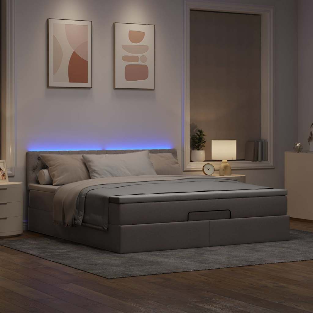 Pouf Letto con Materasso e LED Tortora 180x200cm in Tessuto
