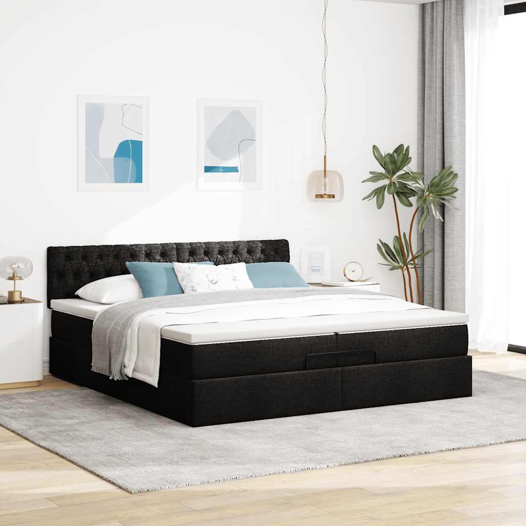 Struttura Letto Pouf con Materassi Nero 200x200 cm in Tessuto