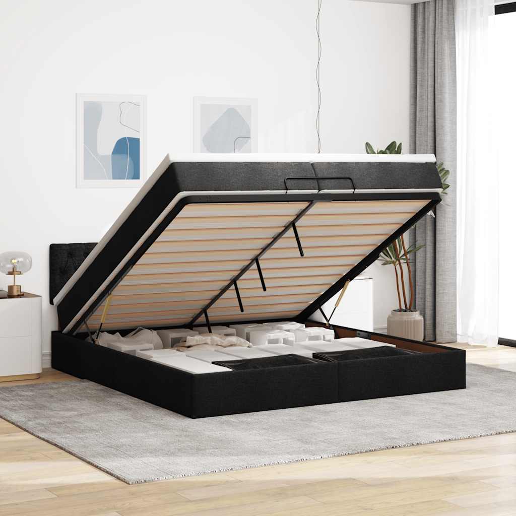 Struttura Letto Pouf con Materassi Nero 200x200 cm in Tessuto