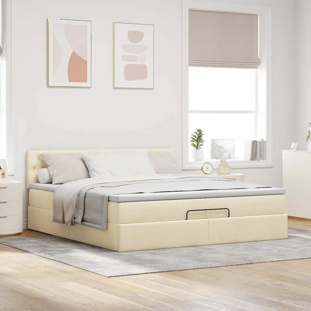 Struttura Letto Pouf con Materassi Crema 200x200 cm in Tessuto