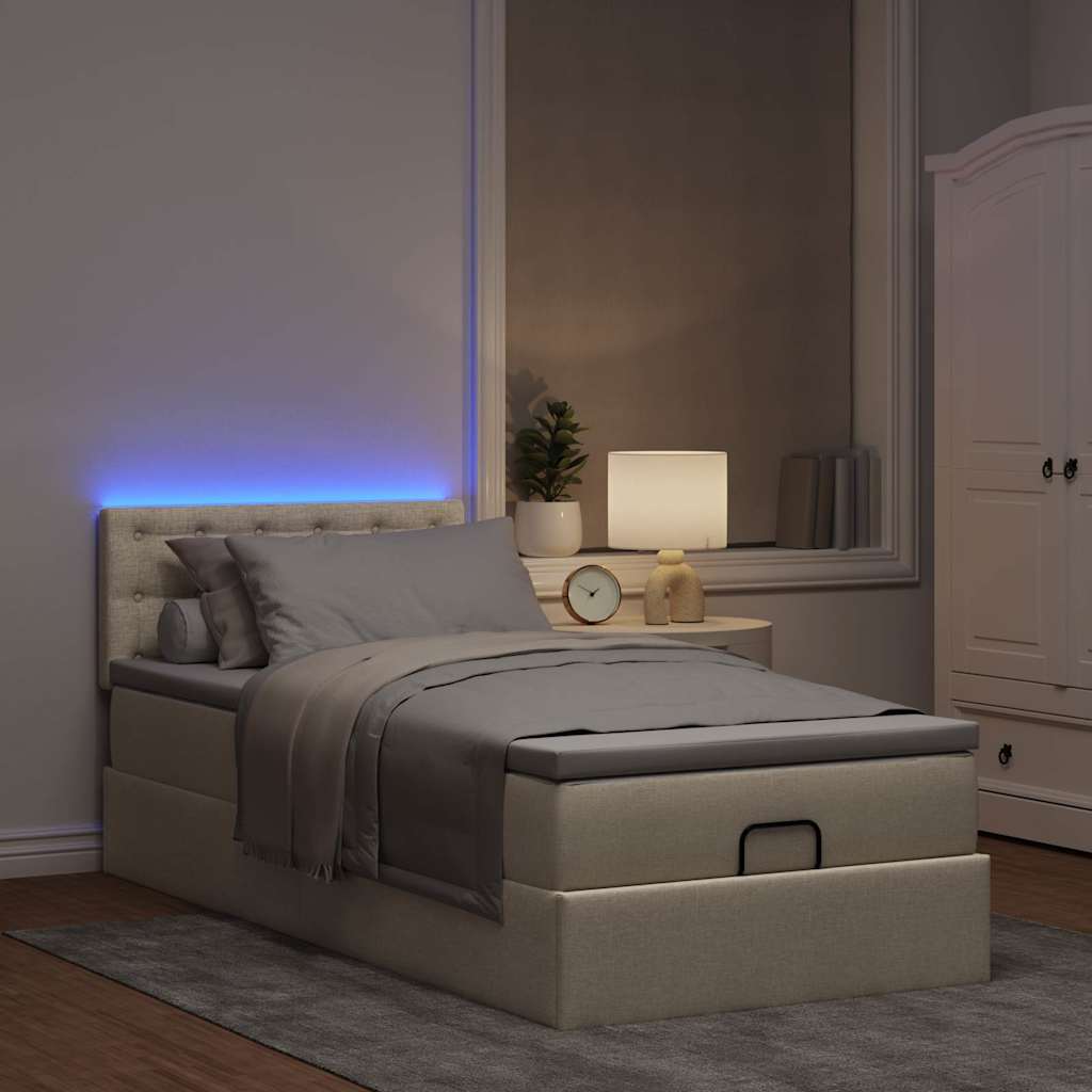 Pouf Letto con Materasso e LED Crema 90x200 cm in Tessuto