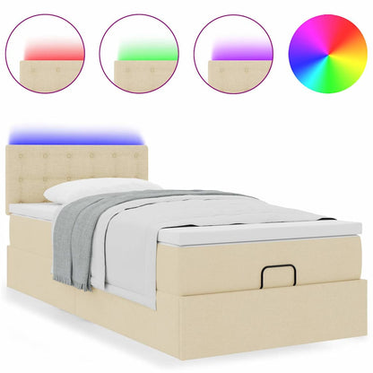 Pouf Letto con Materasso e LED Crema 90x200 cm in Tessuto