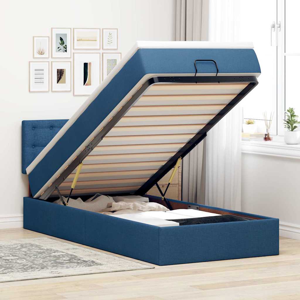 Pouf Letto con Materasso e LED Blu 90x200 cm in Tessuto